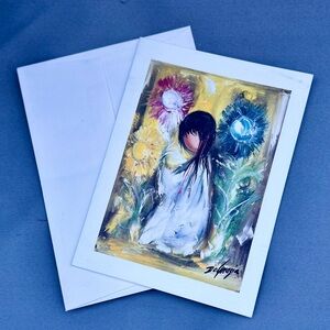 Vtg 2000 DE GRAZIA Girl With 3 Flowers NOTE CARD Seal Of Authenticity W/Envelope